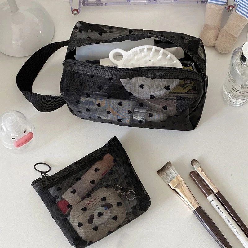 Heart Transparent Mesh Makeup Bag Multifunction Portable Women Cosmetic Storage Pouch Ladies Toiletry Lipstick Organizer Bags - Image 2